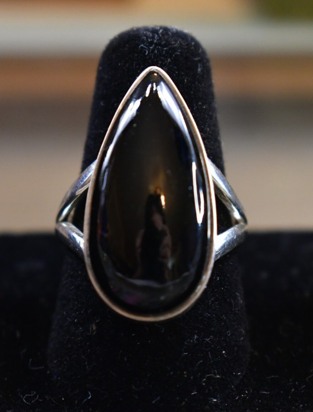 Black Onyx Teardrop Stone Sterling Silver Ring Sz 7